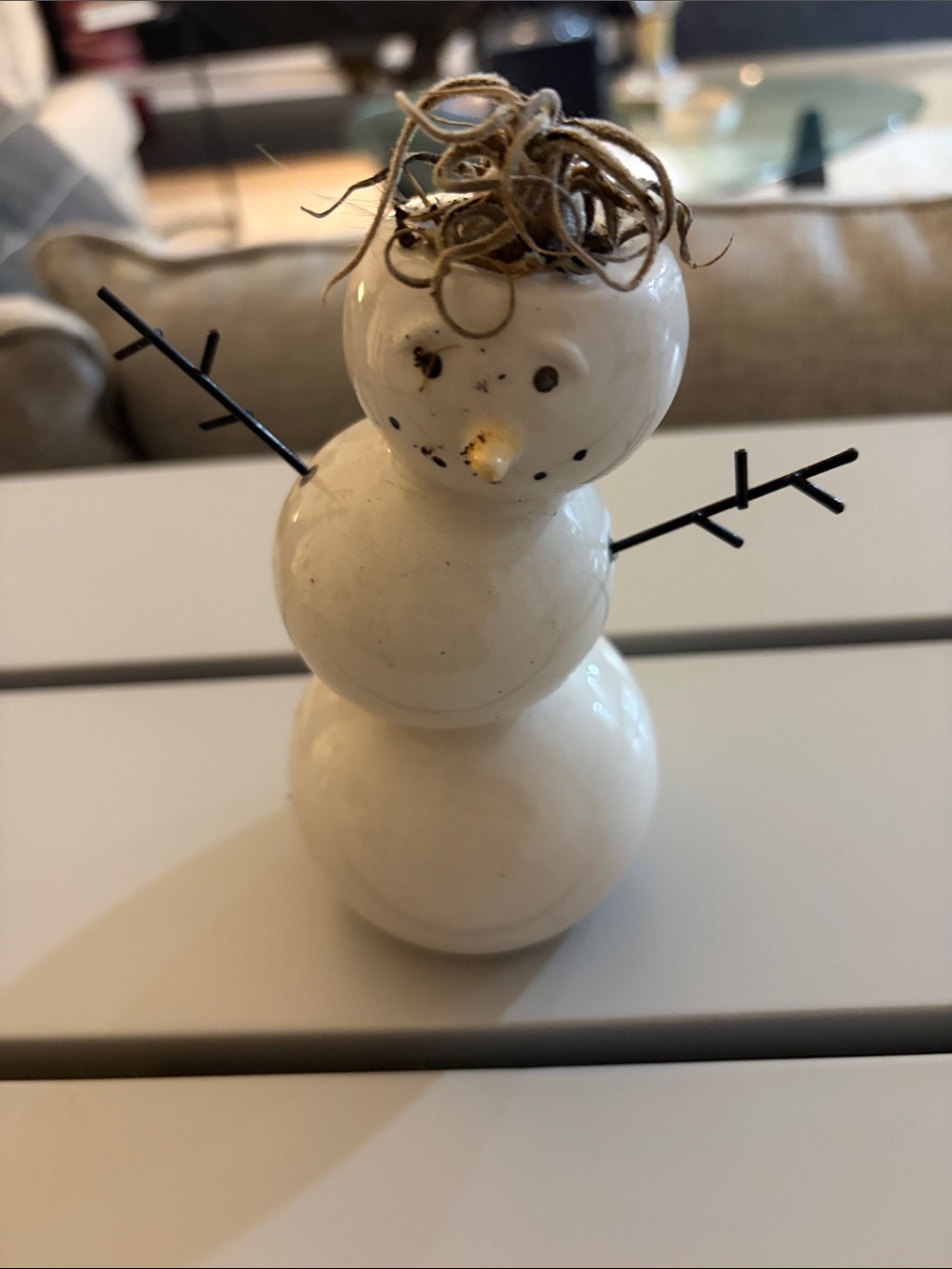 White Ceramic Snowman Figurine with Twine Hair - Holiday Decor